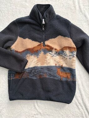 Old Navy Men's Navy Sherpa Half-Zip with Tan & Rust Mountain Deer Motif